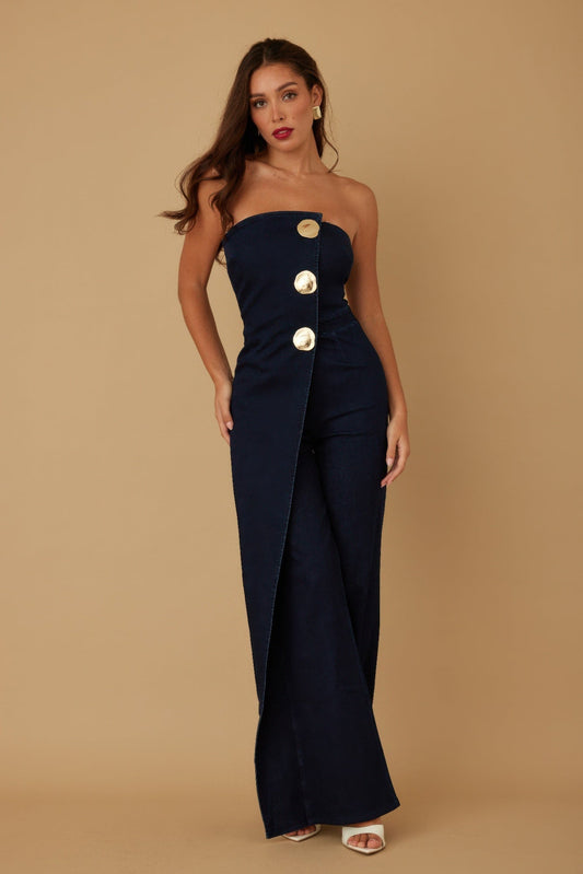 Front view of Open Flap Layer Strapless Jumpsuit showing neckline and sleeve details