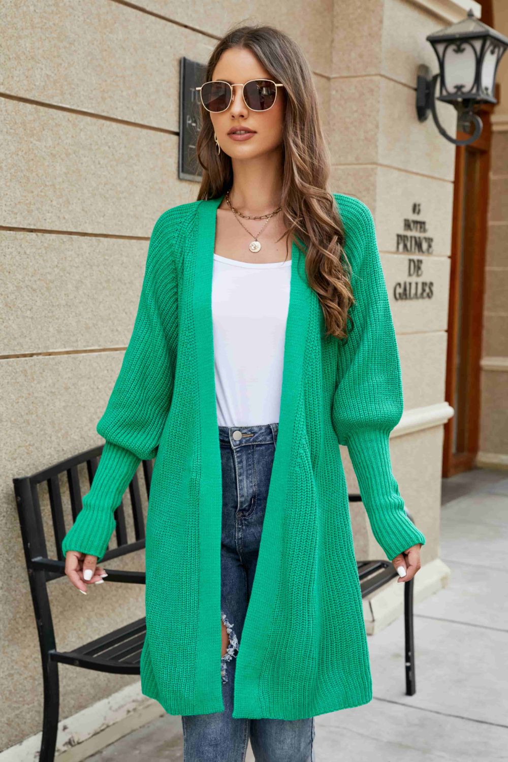 Front view of Open Front Lantern Sleeve Cardigan in Green showing neckline and sleeve details