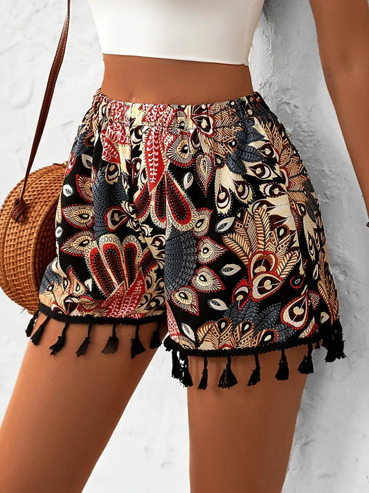 Front view of Paisley Print Tassel Hem Shorts in Black showing neckline and sleeve details (100% polyester fabric Easy care)