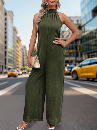 Front view of Perfee Tied Grecian Wide Leg Jumpsuit in Dark Green showing neckline and sleeve details