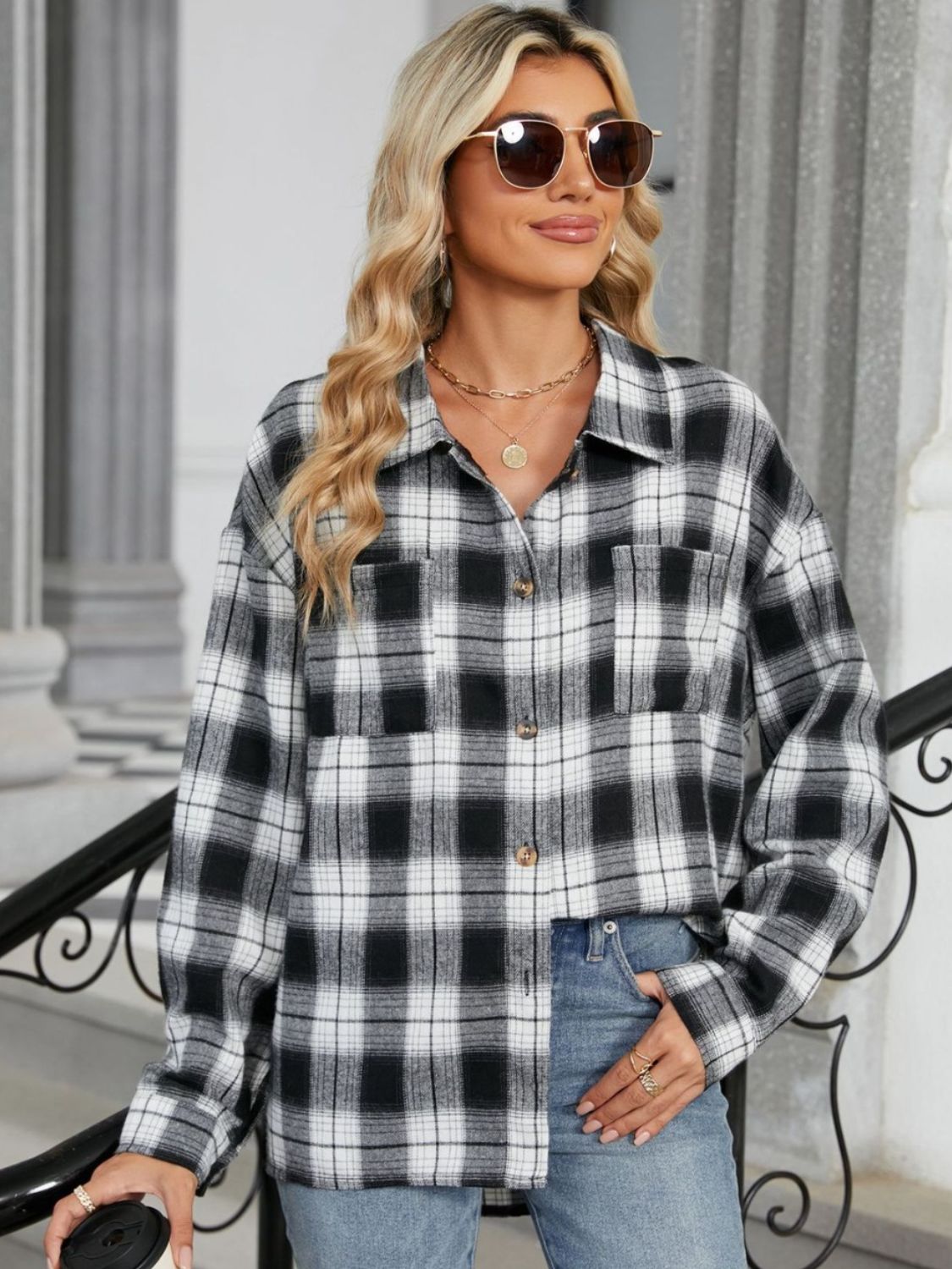 Plaid Collared Neck Long Sleeve Shirt - Rochelle's House LLC