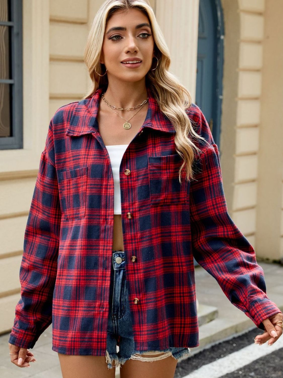Plaid Collared Neck Long Sleeve Shirt - Rochelle's House LLC