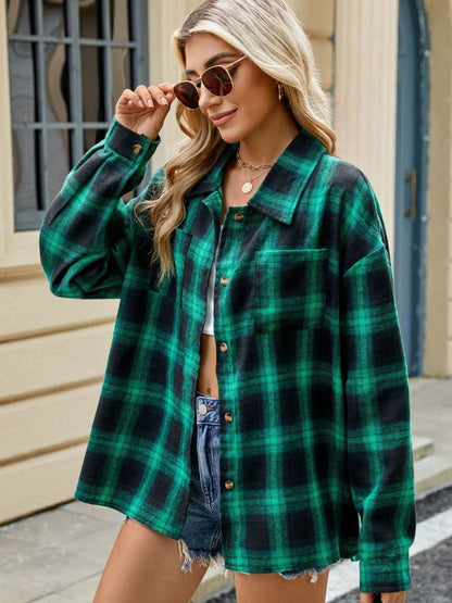 Plaid Collared Neck Long Sleeve Shirt - Rochelle's House LLC