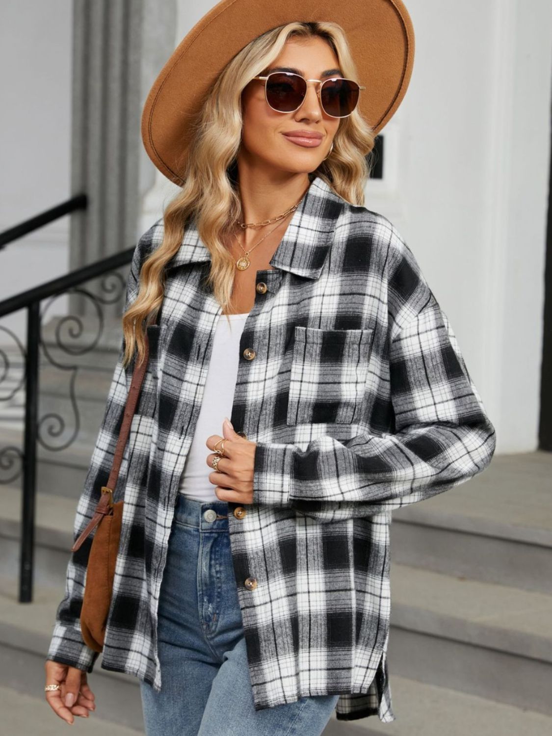 Plaid Collared Neck Long Sleeve Shirt - Rochelle's House LLC