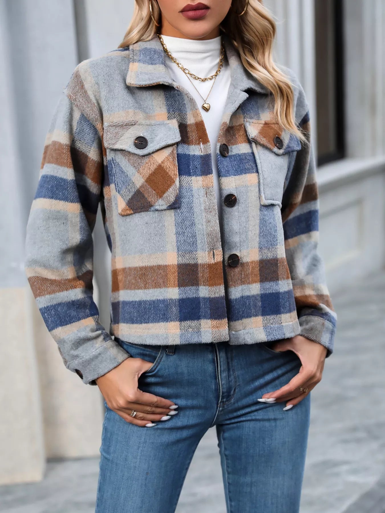 Plaid Oversized Button - Up Cropped Jacket - Rochelle's House LLC