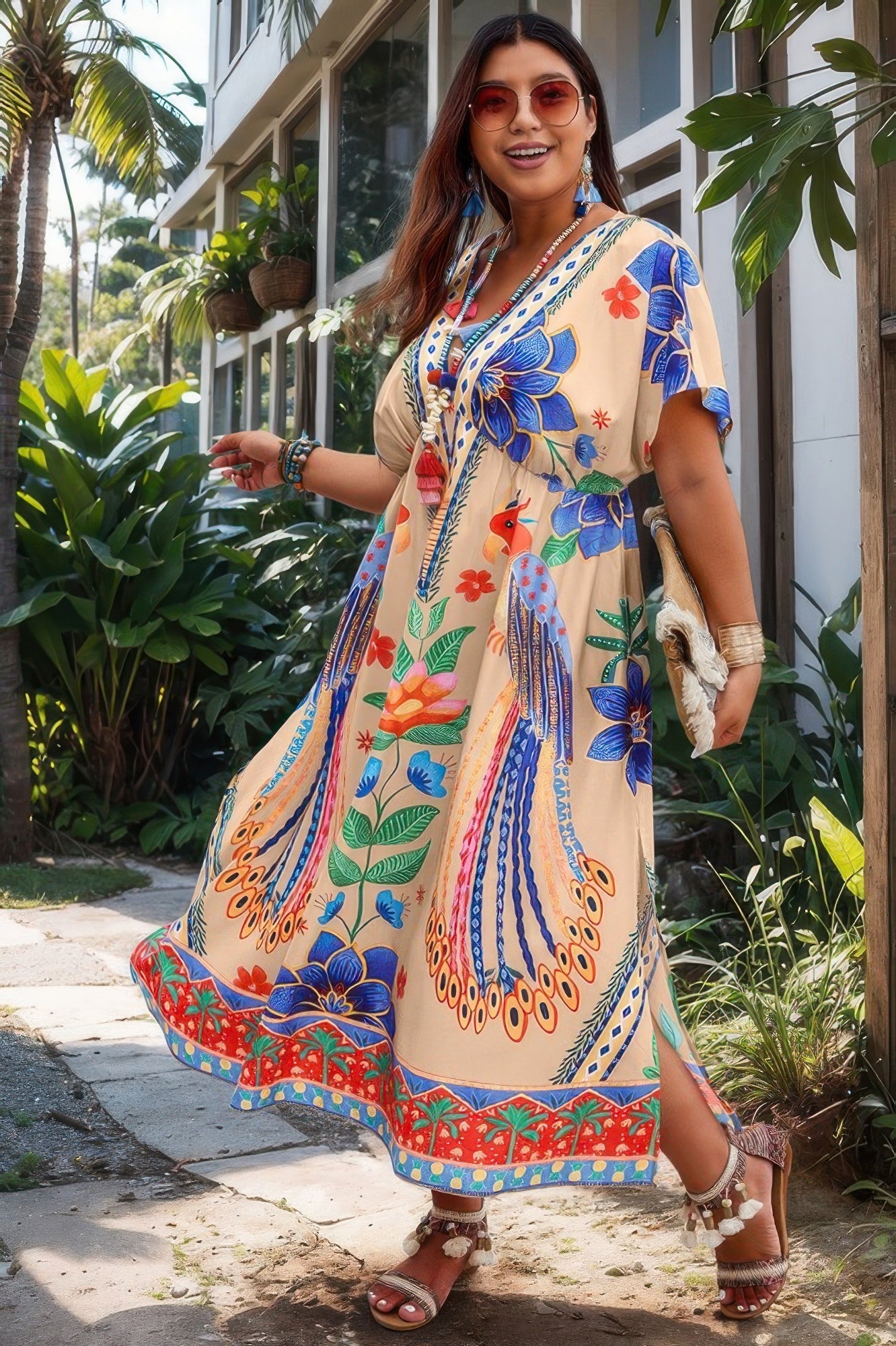 Front view of Plus Deep V Neck Allover Print High Waist Dress showing neckline and sleeve details