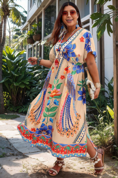 Front view of Plus Deep V Neck Allover Print High Waist Dress showing neckline and sleeve details