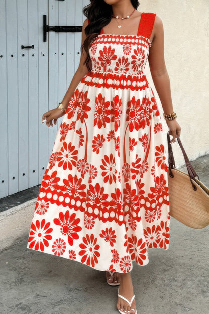 Front view of Plus Floral Printed Square Neck Wide Strap Dress showing neckline and sleeve details