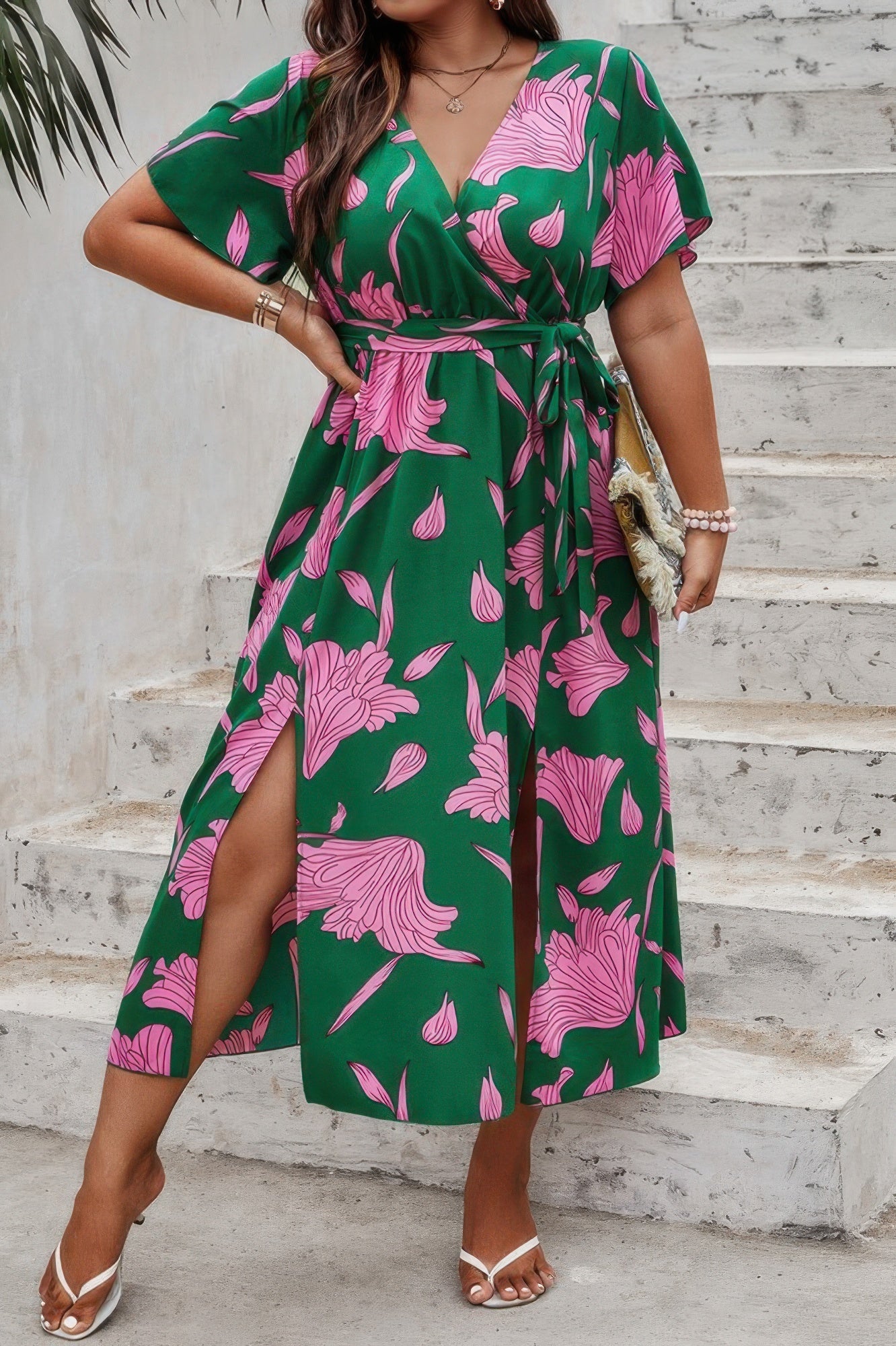 Front view of Plus Floral Short Sleeve Split Belted Midi Dress showing neckline and sleeve details
