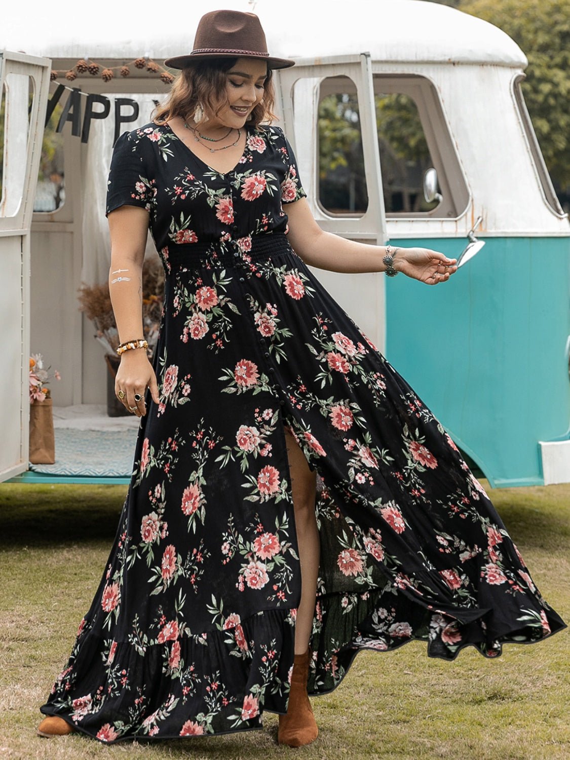 Front view of Plus Size Button Detail Printed V-Neck Short Sleeve Maxi Dress in Black showing neckline and sleeve details