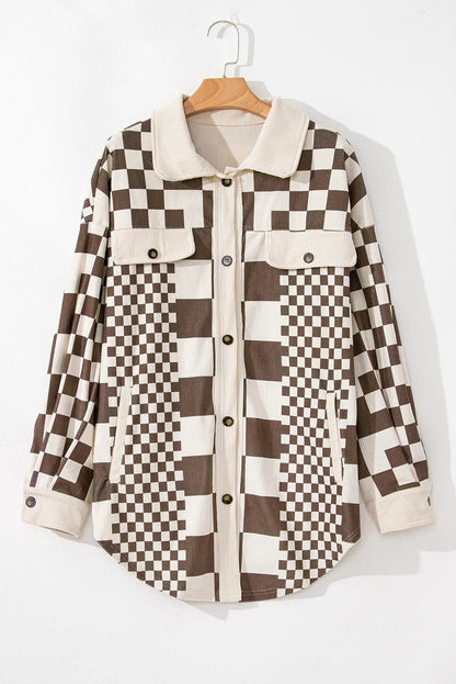 Plus Size Checkered Button Up Long Sleeve Jacket - Rochelle's House LLC