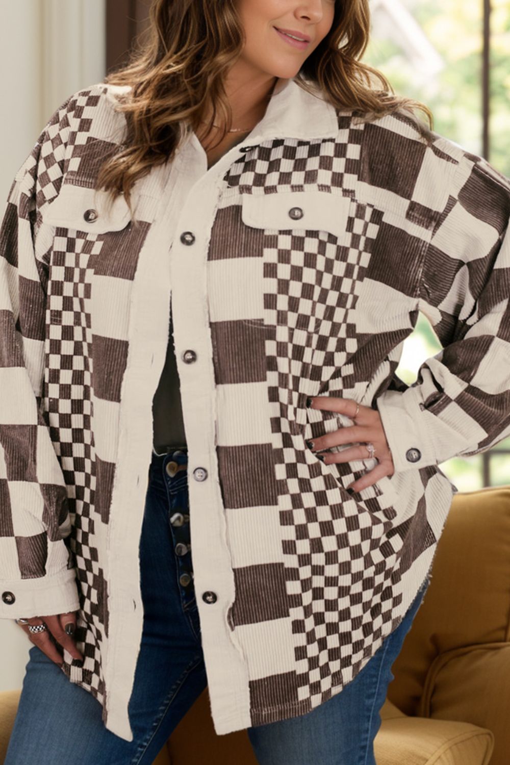 Plus Size Checkered Button Up Long Sleeve Jacket - Rochelle's House LLC