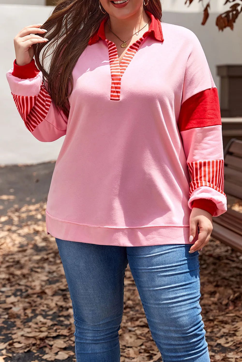 Plus Size Color Block Johnny Collar Long Sleeve Sweatshirt - Rochelle's House LLC