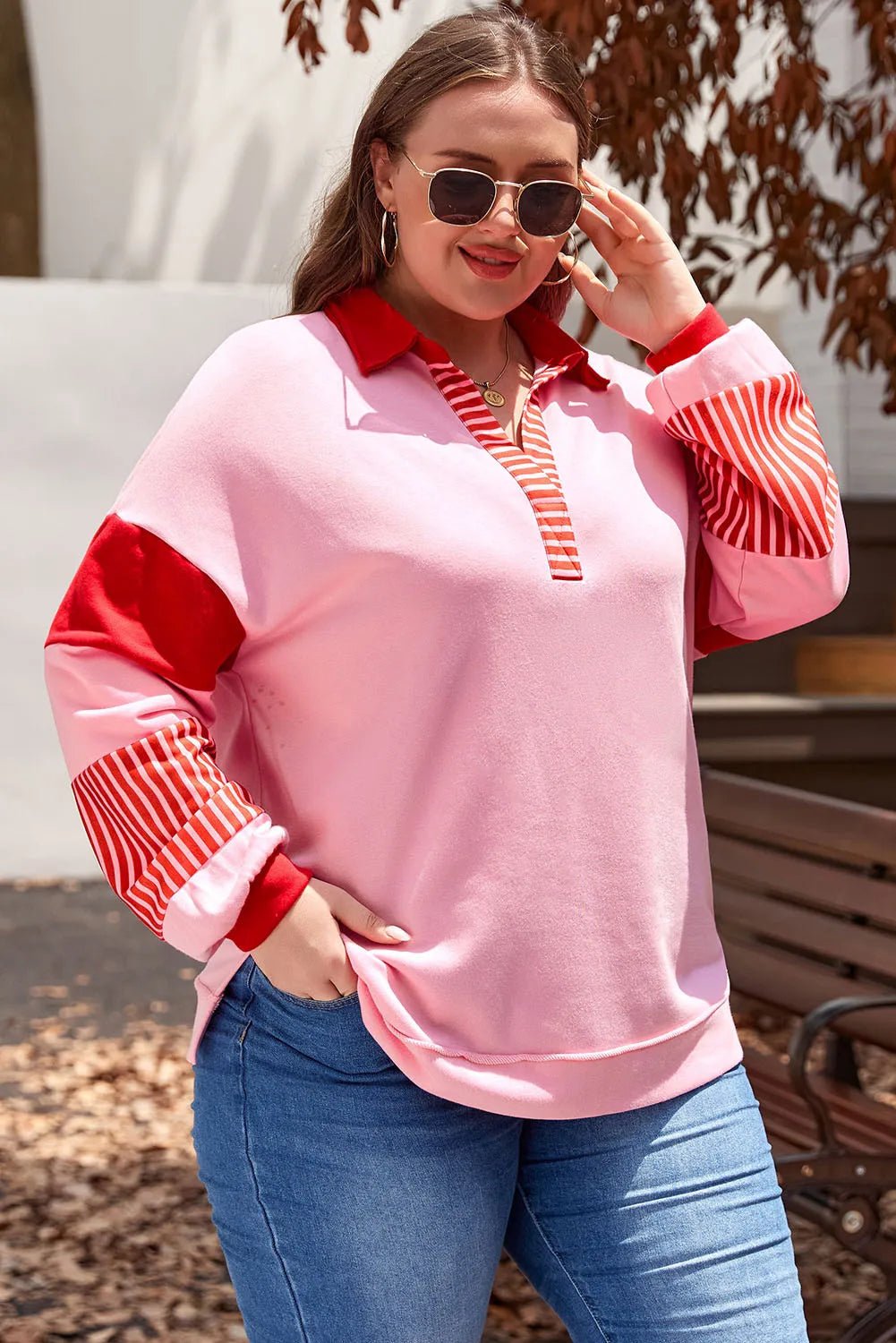 Plus Size Color Block Johnny Collar Long Sleeve Sweatshirt - Rochelle's House LLC