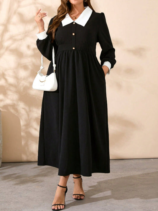 Front view of Plus Size Contrast Collared Neck Long Sleeve Midi Dress in Black showing neckline and sleeve details
