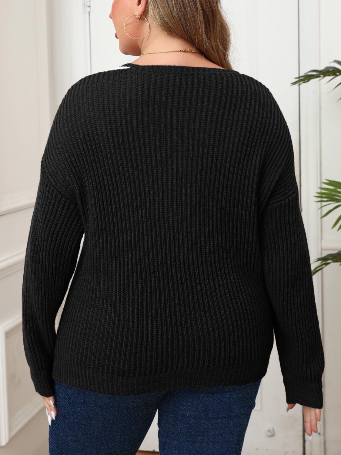 Plus Size Contrast Dropped Shoulder Long Sleeve Sweater - Rochelle's House LLC