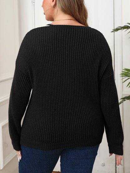 Plus Size Contrast Dropped Shoulder Long Sleeve Sweater - Rochelle's House LLC