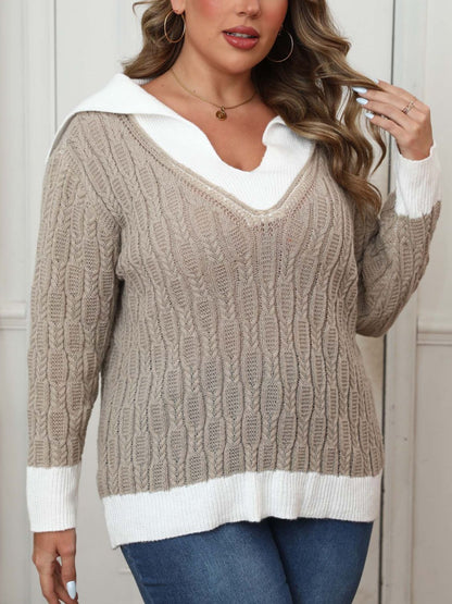 Plus Size Contrast Trim Collared Neck Sweater - Rochelle's House LLC