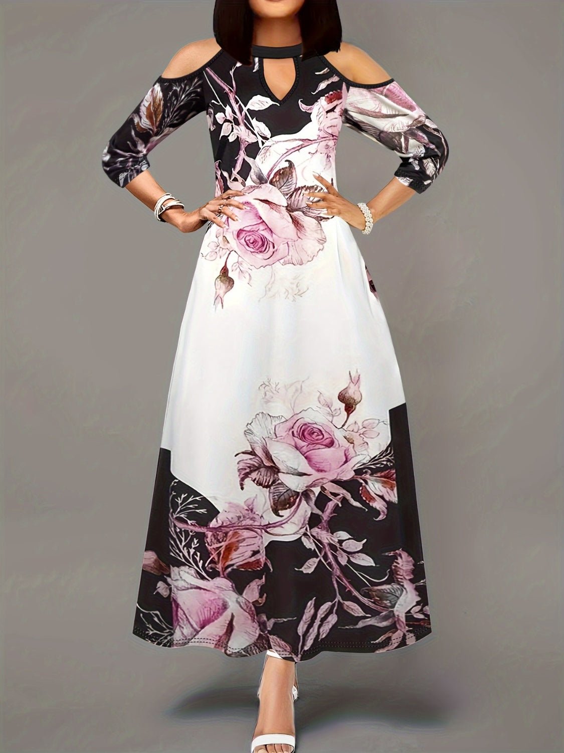 Front view of Plus Size Cutout Printed Cold Shoulder Dress in White showing neckline and sleeve details