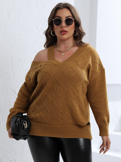 Plus Size Cutout V - Neck Sweater - Rochelle's House LLC