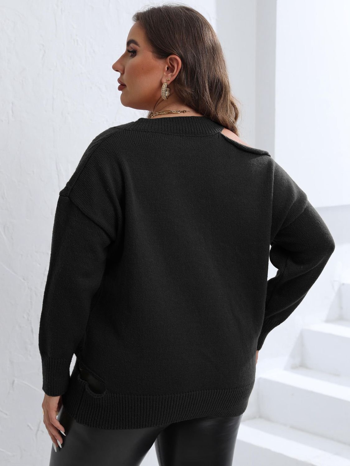 Plus Size Cutout V - Neck Sweater - Rochelle's House LLC