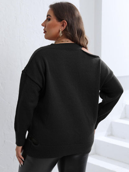 Plus Size Cutout V - Neck Sweater - Rochelle's House LLC