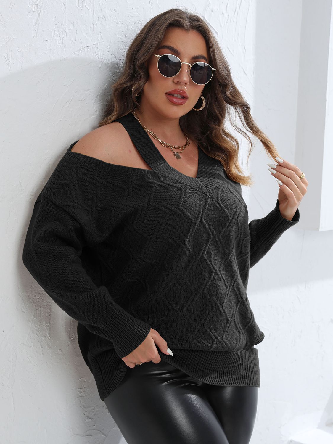 Plus Size Cutout V - Neck Sweater - Rochelle's House LLC