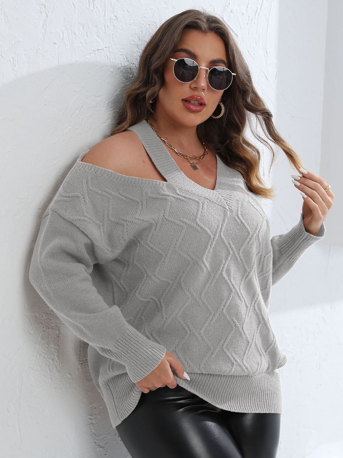 Plus Size Cutout V - Neck Sweater - Rochelle's House LLC