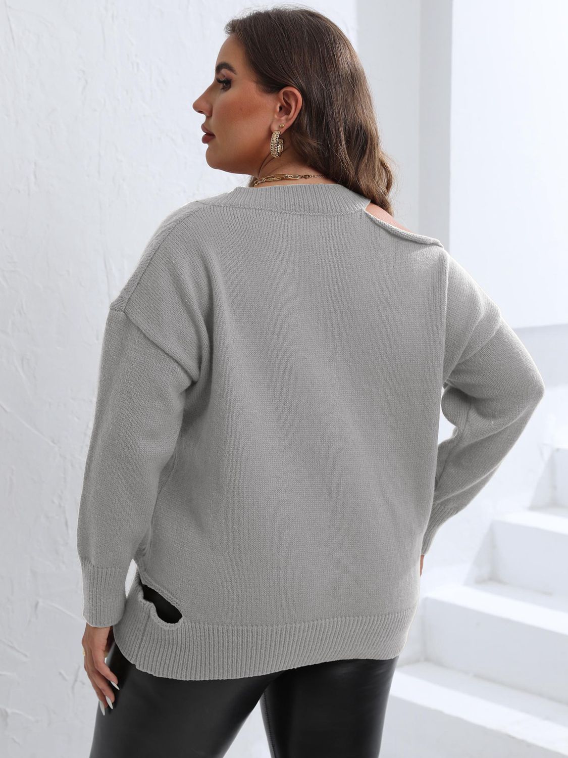 Plus Size Cutout V - Neck Sweater - Rochelle's House LLC