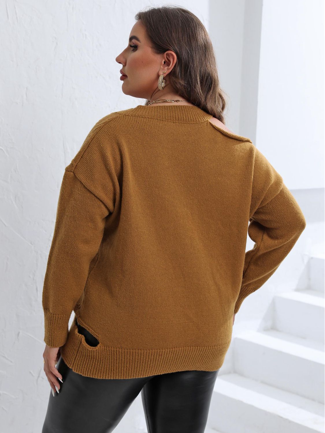 Plus Size Cutout V - Neck Sweater - Rochelle's House LLC