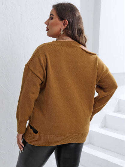 Plus Size Cutout V - Neck Sweater - Rochelle's House LLC