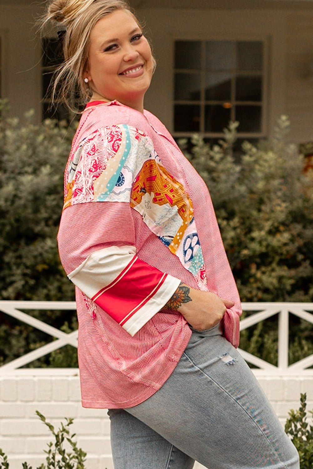 Plus Size Exposed Seam Printed Striped Round Neck Sweatshirt - Rochelle's House LLC