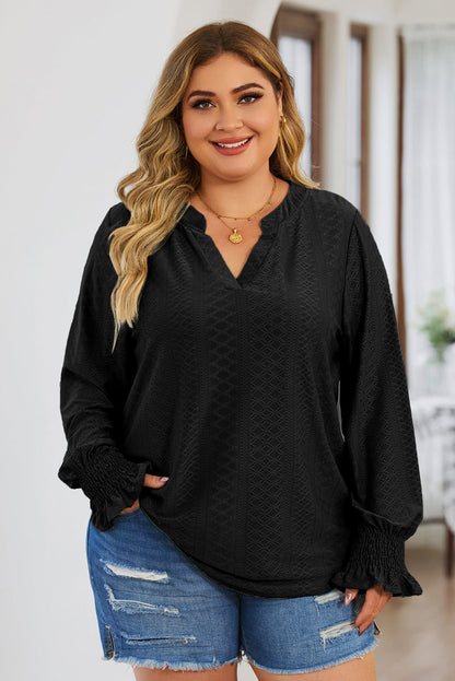 Front view of Plus Size Eyelet Notched Flounce Sleeve Blouse in Black showing neckline and sleeve details