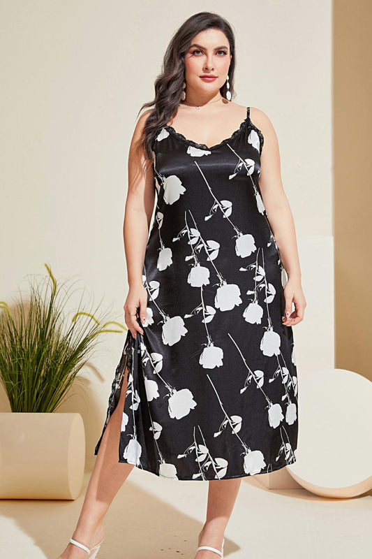 Plus Size Floral Lace Trim Side Slit Night Dress - Rochelle's House LLC