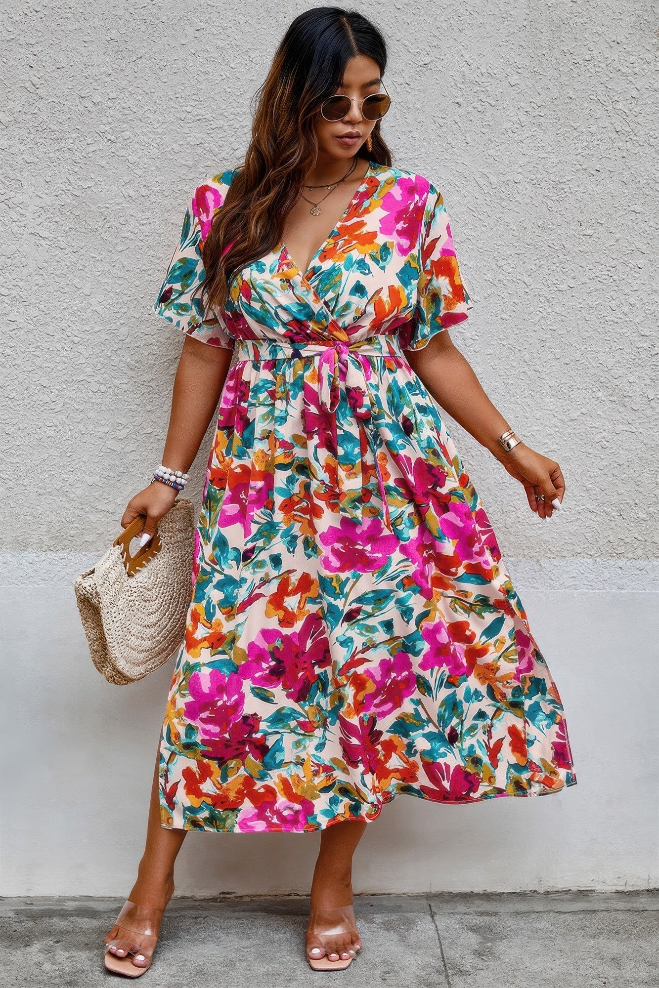 Front view of Plus Size Floral Print Cross Belt Fit Dress showing neckline and sleeve details (100% breathable polyester Fit)