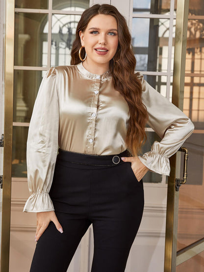 Plus Size Flounce Sleeve Band Collar Shirt - Rochelle's House LLC