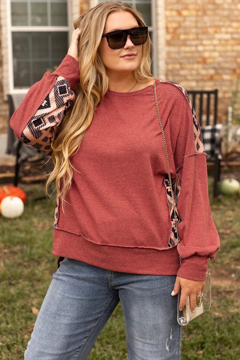 Plus Size Geometric Round Neck Long Sleeve Sweatshirt - Rochelle's House LLC