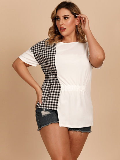 Front view of Plus Size Gingham Color Block Asymmetrical T-Shirt in White showing neckline and sleeve details