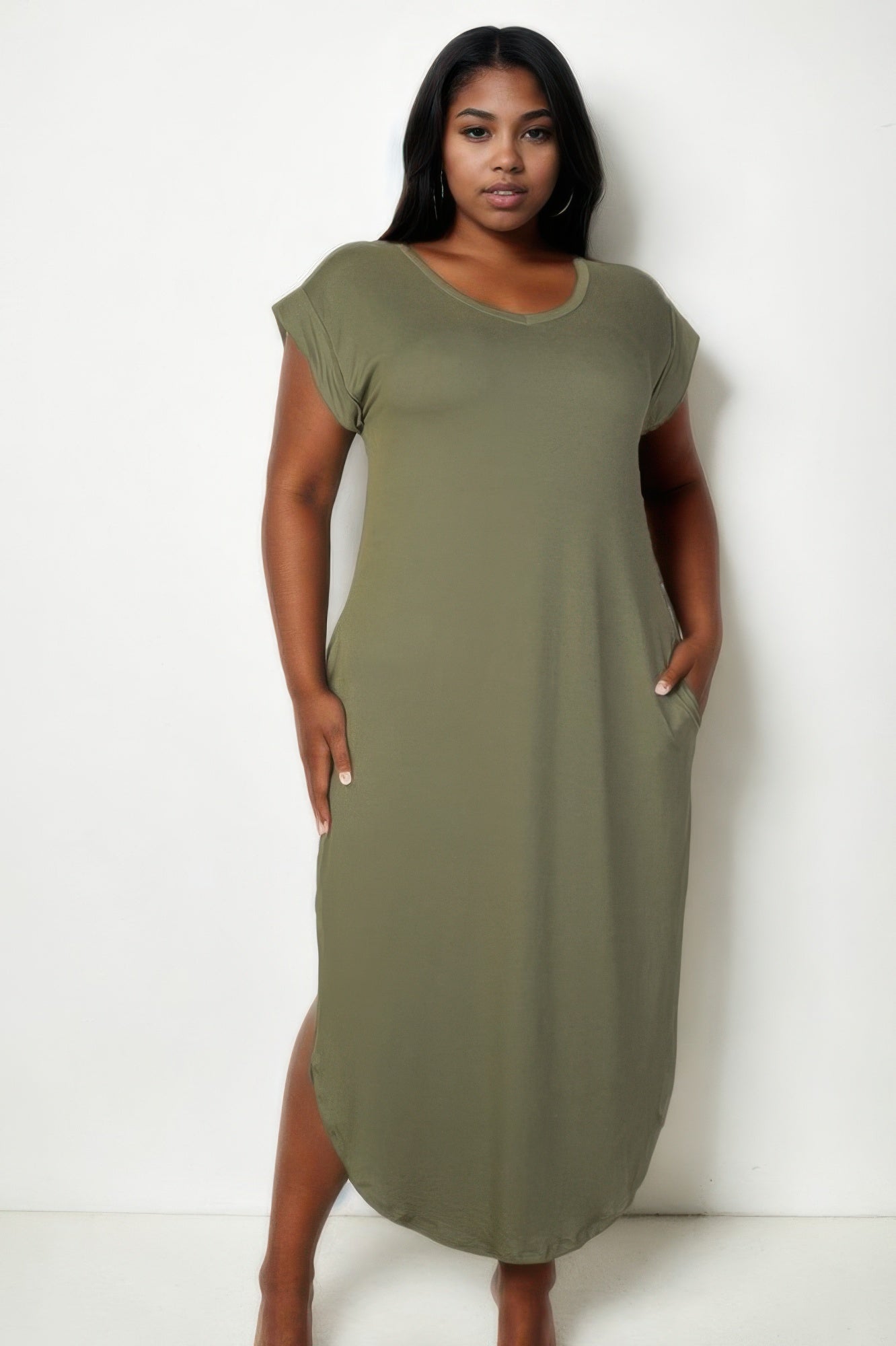 Plus Size Hidden Pocket Batwing Sleeve V Neck Long Dress - Rochelle's House LLC