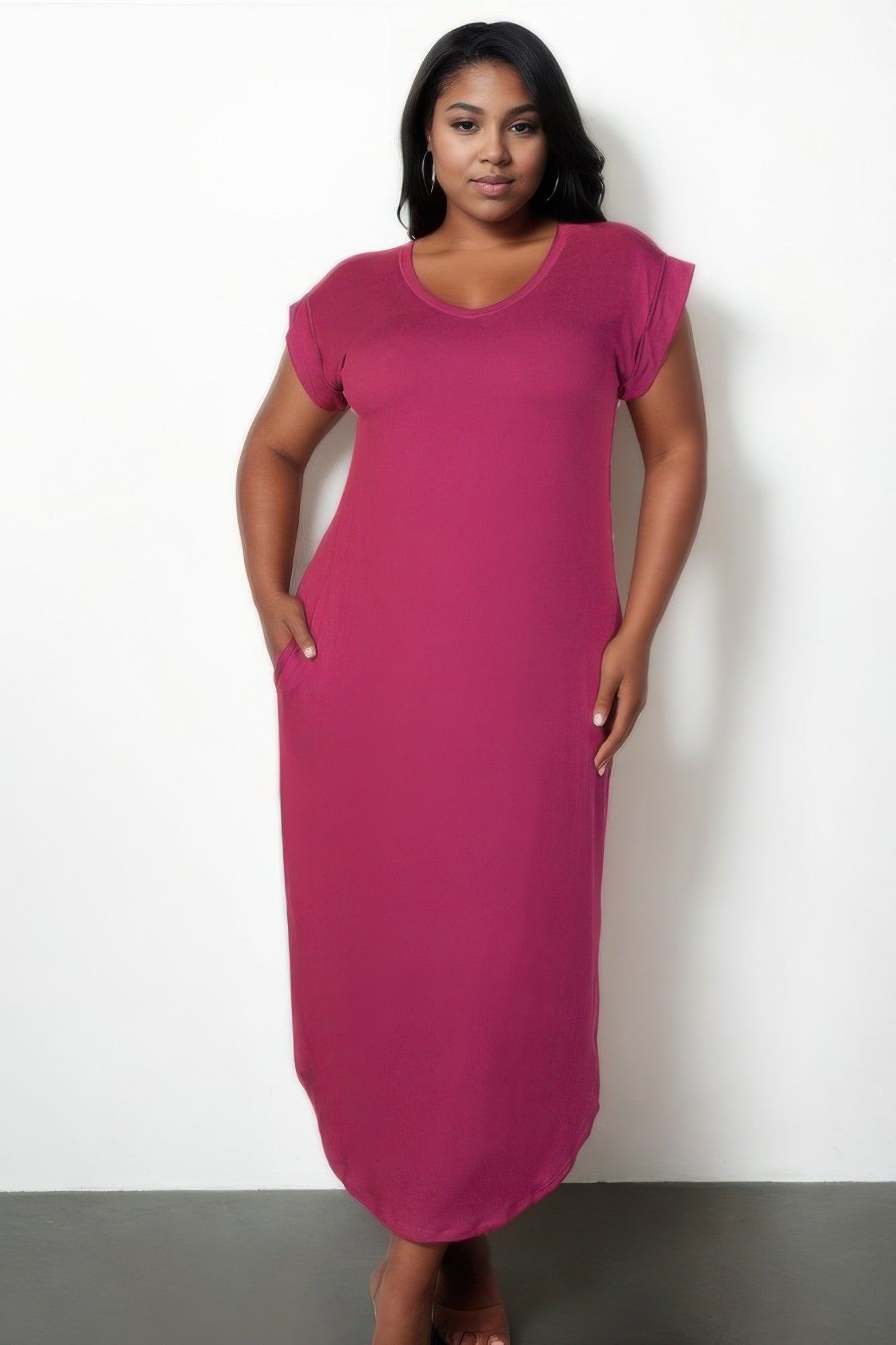Plus Size Hidden Pocket Batwing Sleeve V Neck Long Dress - Rochelle's House LLC