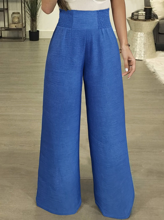 Front view of Plus Size High Waist Wide Leg Pants in Royal Blue showing neckline and sleeve details