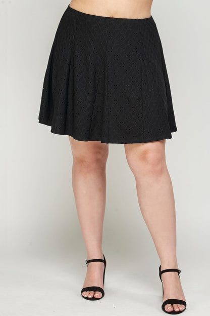 Front view of Plus Size, Knit Eyelet A-line Skirt showing neckline and sleeve details