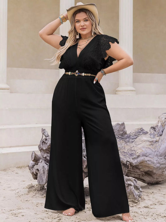 Plus Size Lace Cap Sleeve Wide Leg Jumpsuit - Rochelle's House LLC