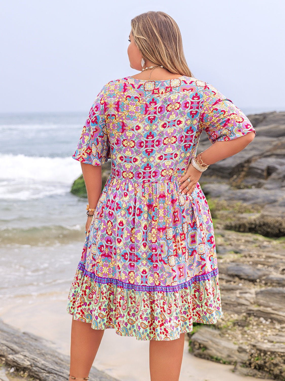 Plus Size Lace Detail Printed Half Sleeve Dress - Rochelle's House LLC