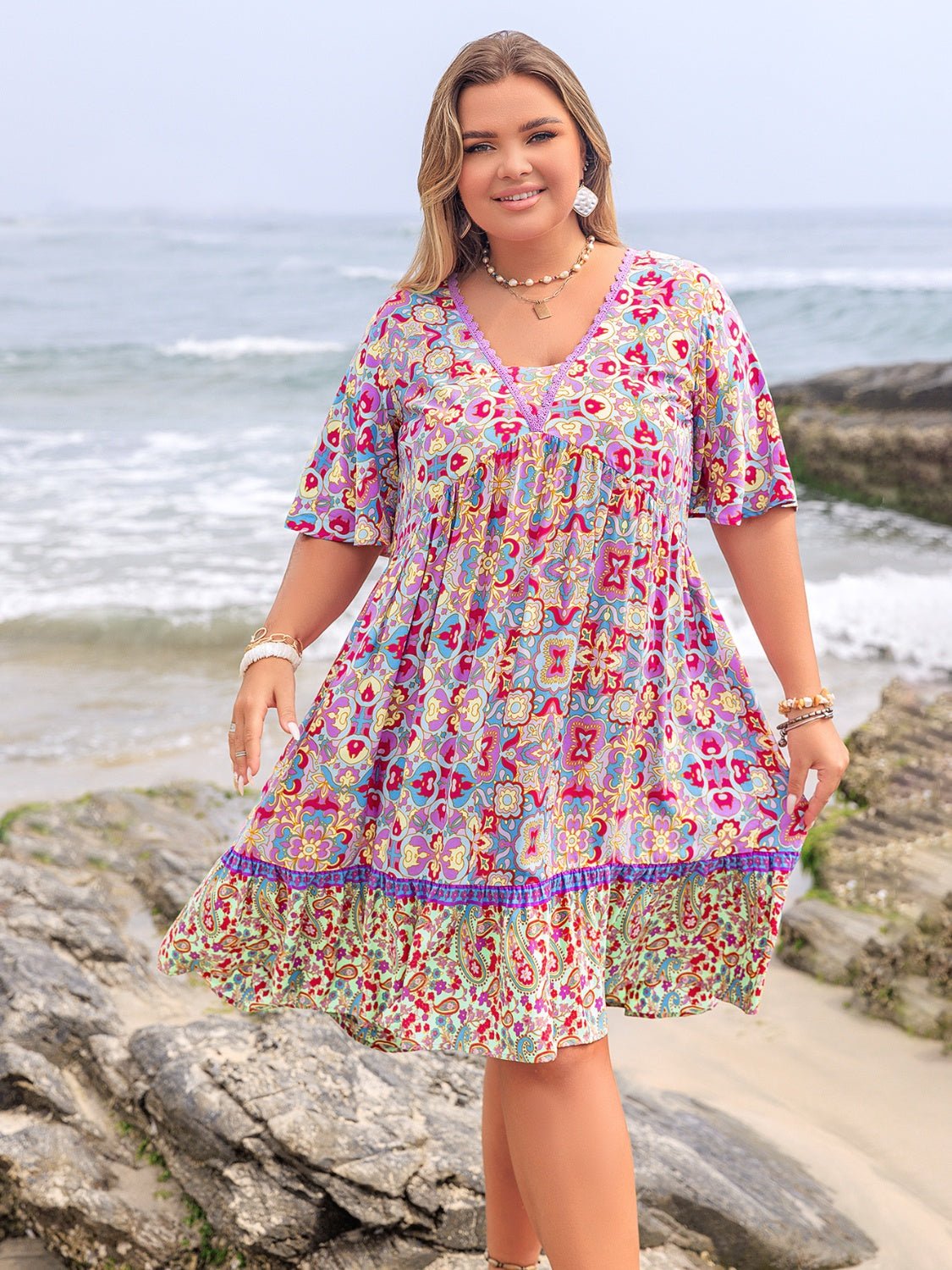 Plus Size Lace Detail Printed Half Sleeve Dress - Rochelle's House LLC