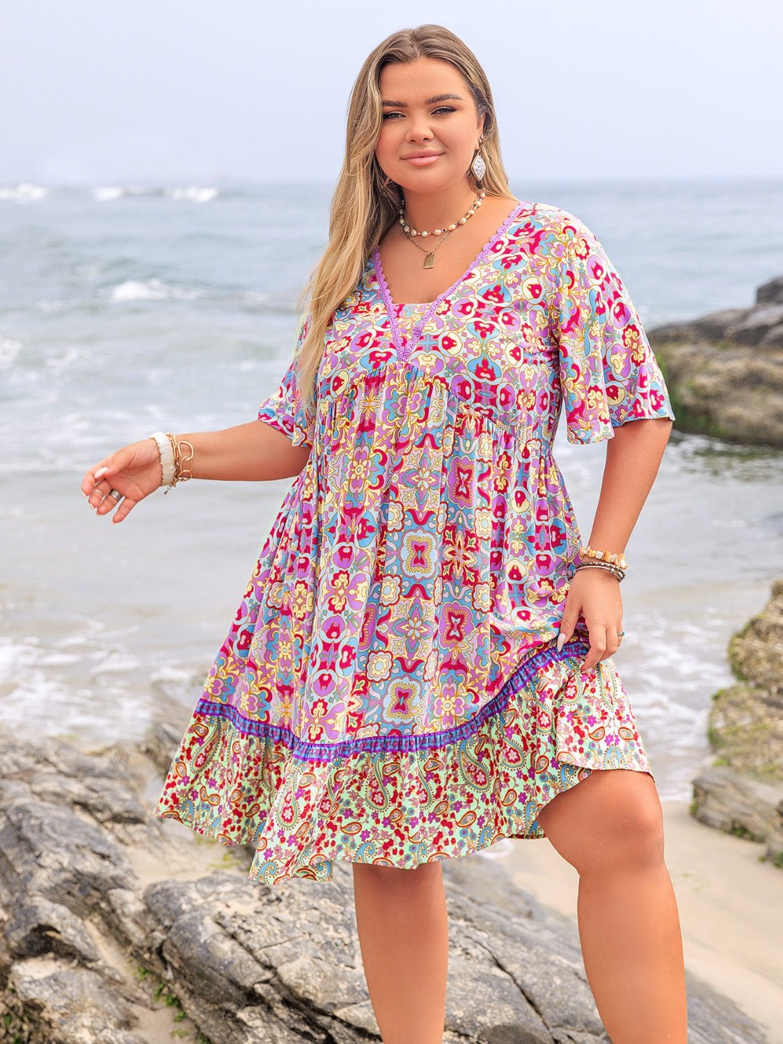 Plus Size Lace Detail Printed Half Sleeve Dress - Rochelle's House LLC