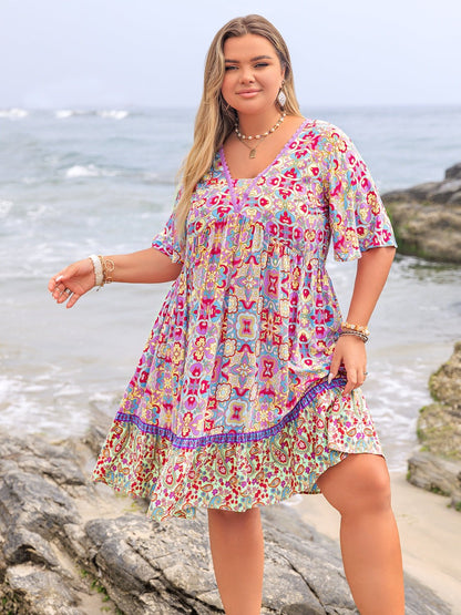 Plus Size Lace Detail Printed Half Sleeve Dress - Rochelle's House LLC