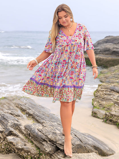 Plus Size Lace Detail Printed Half Sleeve Dress - Rochelle's House LLC