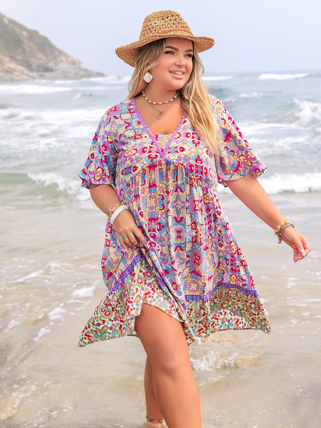 Plus Size Lace Detail Printed Half Sleeve Dress - Rochelle's House LLC