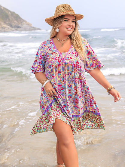Plus Size Lace Detail Printed Half Sleeve Dress - Rochelle's House LLC